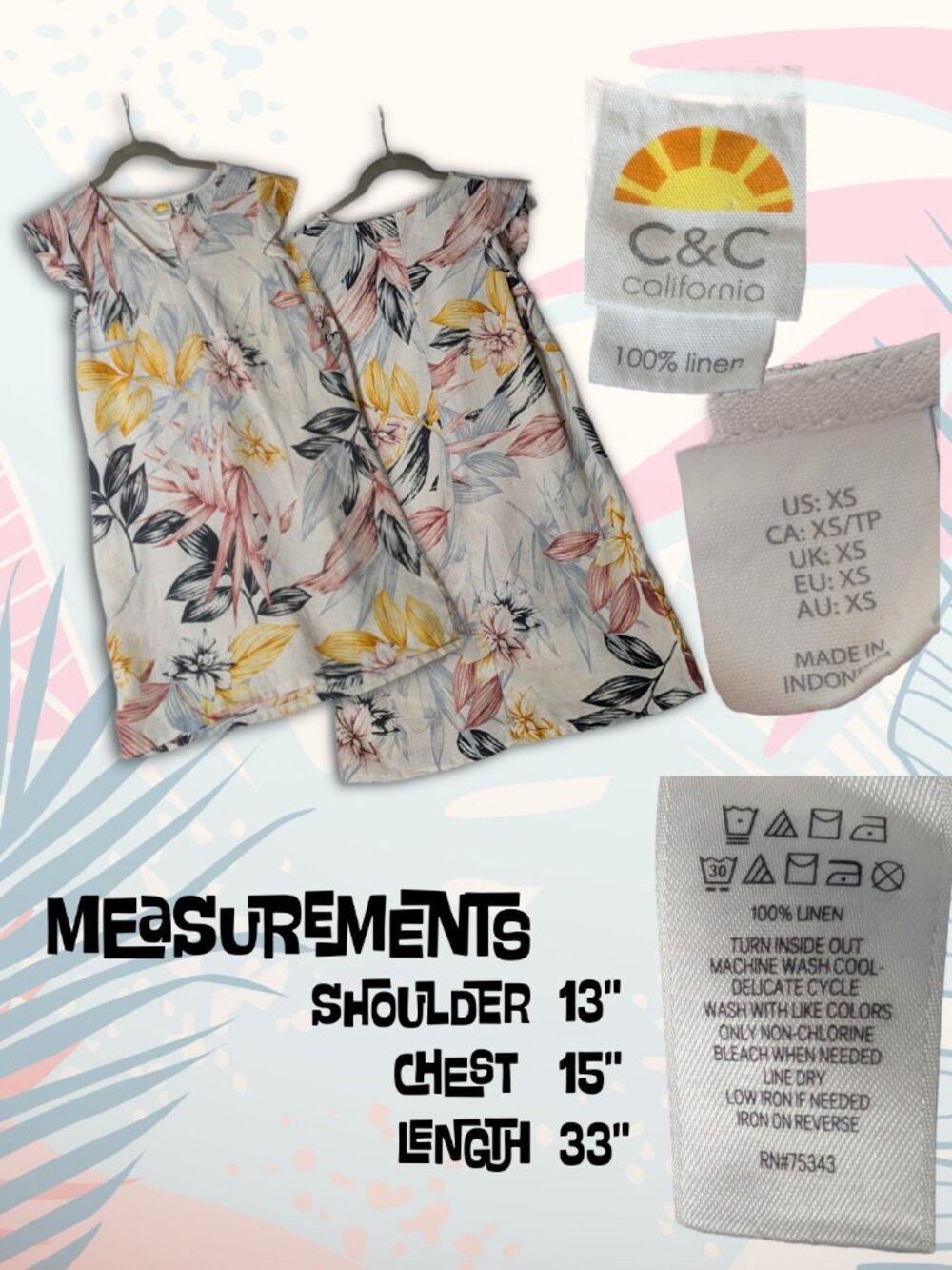 C&C California size XS 100% linen tropical pattern sundress, yellow/black/pink